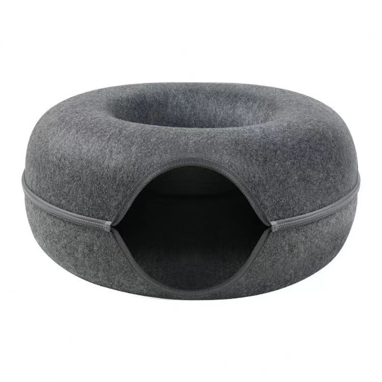 Felt Donut Cat Bed with Zipper Cat Tunnel and Cat Toy Double-Layer Pet Bed for Cats