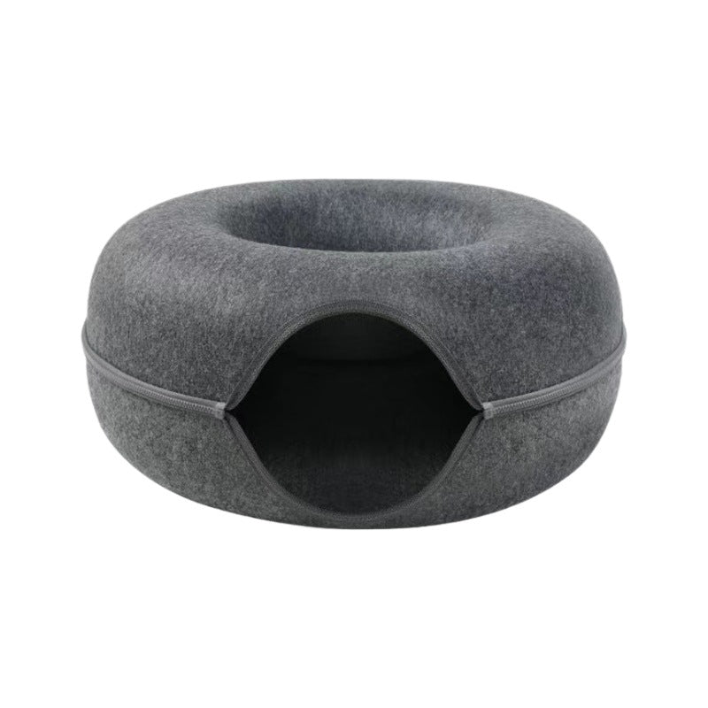 Felt Donut Cat Bed with Zipper Cat Tunnel and Cat Toy Double-Layer Pet Bed for Cats